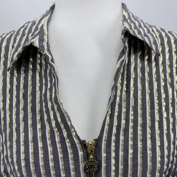 Anne Klein Gold Stripe Zip Front Blouse Women Short Sleeve Career Top - Picture 6 of 13